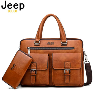 JEEP BULUO Brand Man'sBusiness Briefcase Bag 2pcs/set Split Leather High Quality Men office Bags For 13. 3 inch Laptop A4 Causel (MLBR-03)